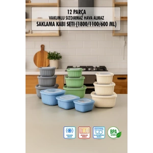 Kare 12 Parça Vakumlu Sızdırmaz Hava Almaz Saklama Kabı Seti Karışık 4x(1800/1100/600 Ml)