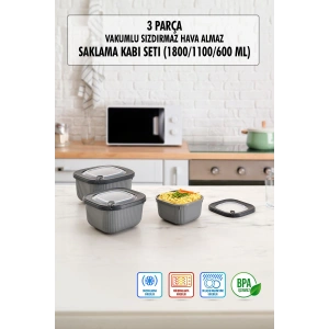 Kare 3 Parça Vakumlu Sızdırmaz Hava Almaz Saklama Kabı Seti Füme (1800/1100/600 Ml)