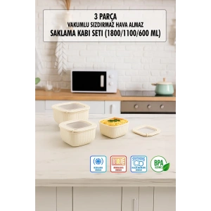 Kare 3 Parça Vakumlu Sızdırmaz Hava Almaz Saklama Kabı Seti Gri (1800/1100/600 Ml)