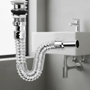 Krom Basmalı Sifon -Körüklü Sifon Bas Stoplu Lavabo Mutfak Sifonu-Paslanmaz