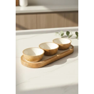 Mango Agacı Standlı Üçlü Kase Seti & Sunum Ve Servis Seti Krem