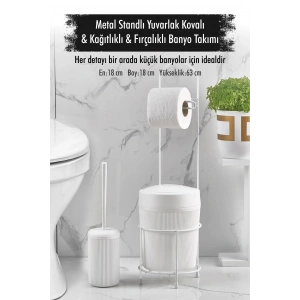 Metal Standlı Yuvarlak Kovalı & Kağıtlıklı & Fırçalıklı Beyaz Banyo Takımı