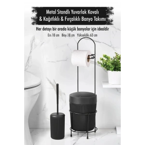 Metal Standlı Yuvarlak Kovalı & Kağıtlıklı & Fırçalıklı Siyah Banyo Takımı