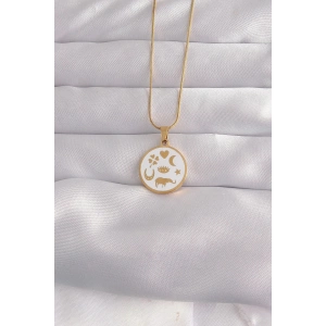 Mey İthalat® 316L Çelik Gold Renk Beyaz Mineli Karışık Figürlü Tarot Kolye