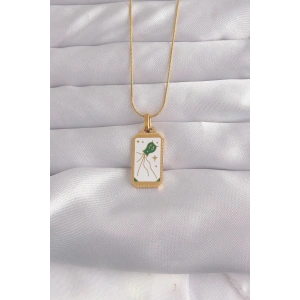 Mey İthalat® 316L Çelik Gold Renk Beyaz Mineli Tarot Kolye