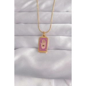 Mey İthalat® 316L Çelik Gold Renk Mor Mineli El Figür Tarot Kolye