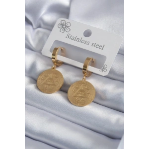 Mey İthalat® 316L Çelik Gold Renk Pentagram İşleme Model Kadın Küpe