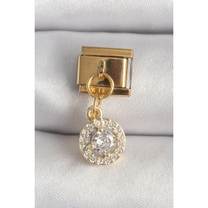 Mey İthalat® 316L Çelik Gold Renk Sallantı Daire Zirkon Taşlı Nomination Charm