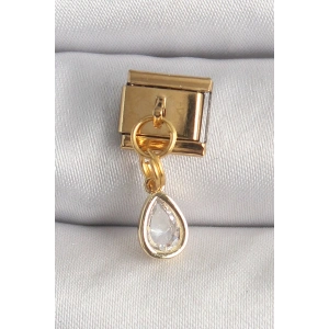 Mey İthalat® 316L Çelik Gold Renk Sallantı Damla Zirkon Taşlı Nomination Charm