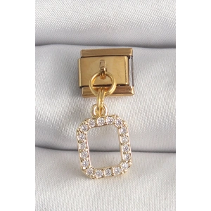 Mey İthalat® 316L Çelik Gold Renk Sallantı Kare Zirkon Taşlı Nomination Charm