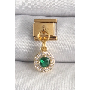 Mey İthalat® 316L Çelik Gold Renk Sallantı Yeşil Zirkon Taşlı Nomination Charm