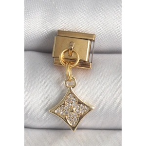 Mey İthalat® 316L Çelik Gold Renk Sallantı Zirkon Taşlı Çiçek İşlemeli Nomination Charm