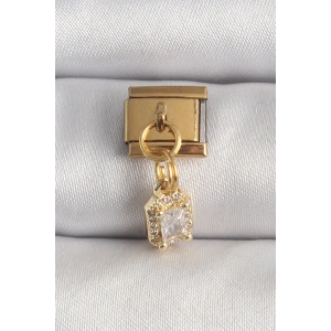 Mey İthalat® 316L Çelik Gold Renk Sallantı Zirkon Taşlı Kare Model Nomination Charm