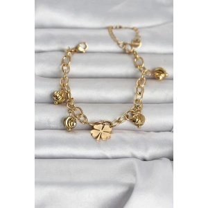 Mey İthalat® 316L Çelik Gold Renk Yonca ve Dorikalı Kadın Bileklik