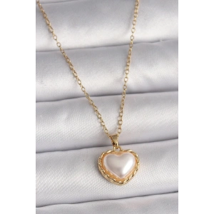 Mey İthalat® 316L Çelik Gold Renk Zincir 3D İnci Kalp Model Kadın Kolye
