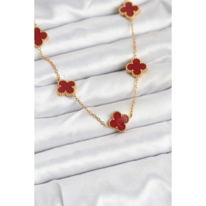Mey İthalat® 316L Çelik Gold Renk Zincir Bordo Yonca Kadın Kolye