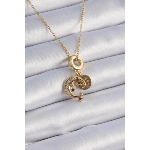 Mey İthalat® 316L Çelik Gold Renk Zirkon Taşlı Ay Yıldız  Model Charm Model Kadın Kolye