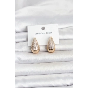 Mey İthalat® 316L Çelik Gold Renk Zirkon Taşlı Damla Model Kadın Küpe