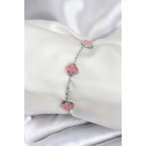 Mey İthalat® 316L Çelik Gümüş Renk Pembe Baby Boy Yonca Kadın Bileklik
