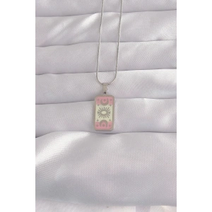 Mey İthalat® 316L Çelik Gümüş Renk Pembe Mineli Ay Figür Tarot Kolye