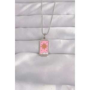 Mey İthalat® 316L Çelik Gümüş Renk Pembe Mineli Güneş Model Tarot Kolye
