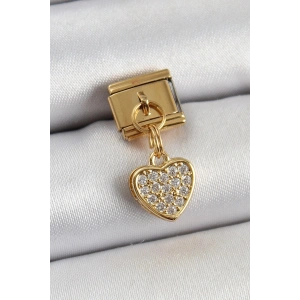 Mey İthalat® 316L Çelik Sallantılı Zirkon Taşlı Kalp Model Gold Renk Nomination Charm