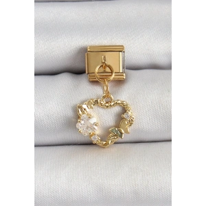 Mey İthalat® 316L Çelik Sallantılı Zirkon Taşlı Kalp Model Gold Renk Nomination Charm