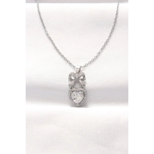 Mey İthalat® 316L Çelik Silver Renk Zirkon Taşlı Kalpli Fiyonk Kolye