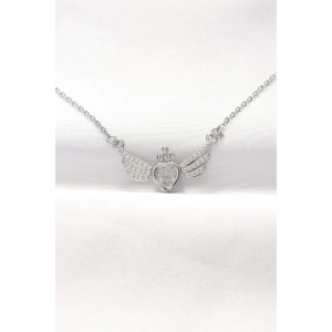 Mey İthalat® 316L Çelik Silver Renk Zirkon Taşlı Kalpli Kanat Kolye