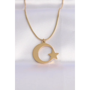 Mey İthalat® 316L Çelik Zincir Gold Renk Ay Yıldız Unisex Kolye