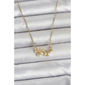 Mey İthalat® 316L Çelik Zincir Gold Renk Çiçek ve Kelebek Model Kadın Kolye