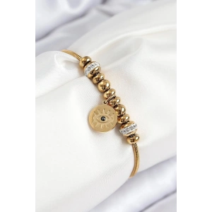 Mey İthalat® 316L Çelik Zirkon Taşlı Göz Charm Model Gold Renk Kadın Bileklik