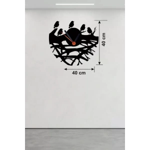 Mey İthalat® Dallarda Kuşlar Tasarım Ahşap Duvar Saati - 40x40 cm Dekoratif Saat