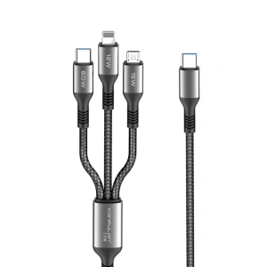 Mey İthalat® DC62 3in1 Type-C to 60W Type-C / 12W Lightning / 15W Micro 1.2M Hızlı Şarj Kablo - Siyah