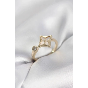Mey İthalat® Gold Renk Köşeli Yonca Model Zirkon Taşlı Kadın Yüzük