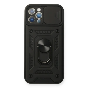 Mey İthalat®  iPhone 12 Pro Kılıf Pars Lens Yüzüklü Silikon - Siyah