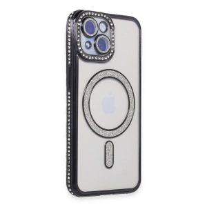 Mey İthalat®  iPhone 15 Kılıf Joke Simli Magneticsafe Kılıf - Siyah