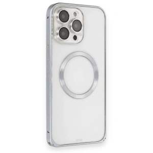 Mey İthalat®  iPhone 15 Pro Max Kılıf Metal Bumper Magneticsafe Kapak - Gri
