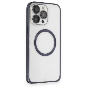 Mey İthalat®  iPhone 15 Pro Max Kılıf Metal Bumper Magneticsafe Kapak - Lacivert