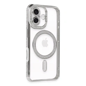 Mey İthalat®  iPhone 16 Kılıf Joke Simli Magneticsafe Kılıf - Gümüş