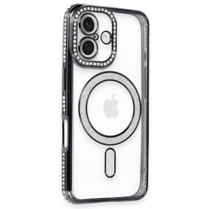 Mey İthalat®  iPhone 16 Kılıf Joke Simli Magneticsafe Kılıf - Siyah