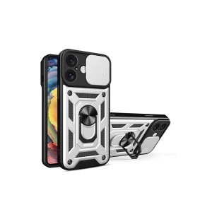Mey İthalat®  iPhone 16 Kılıf Pars Lens Yüzüklü Silikon - Gümüş