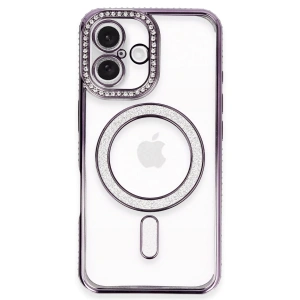 Mey İthalat®  iPhone 16 Plus Kılıf Joke Simli Magneticsafe Kılıf - Derin Mor