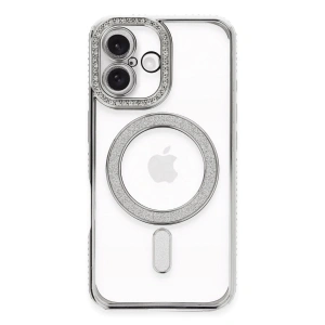 Mey İthalat®  iPhone 16 Plus Kılıf Joke Simli Magneticsafe Kılıf - Gümüş
