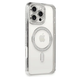 Mey İthalat®  iPhone 16 Pro Kılıf Joke Simli Magneticsafe Kılıf - Gümüş