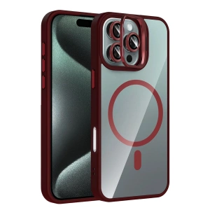 Mey İthalat® iPhone 16 Pro Max Remim Lensli Magsafe Standlı Kapak - Bordo