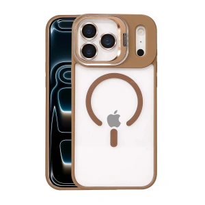Mey İthalat®   iPhone 17 Pro Max Remim Lensli Magsafe Standlı Kapak - Kahverengi