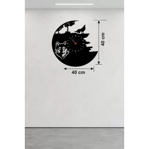 Mey İthalat® Kurt Temalı Lazer Kesim Ahşap Duvar Saati - 40x40 cm Dekoratif