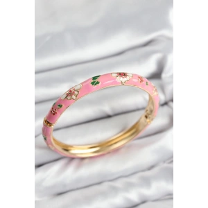Mey İthalat® Mineli Pirinç Pembe Çiçek Motifli Gold Kadın Kelepçe