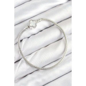 Mey İthalat® Pirinç Charm Zirkon Taşlı Yonca Model Gümüş Renk Kadın Bileklik